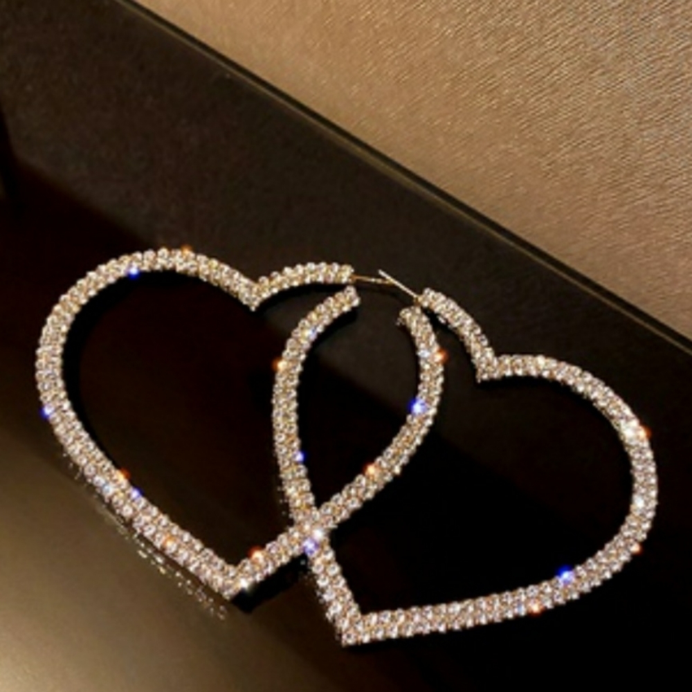 Silver Hoop Rhinestone Heart Earrings Silver Tone 925 Post - Picture 9 of 11
